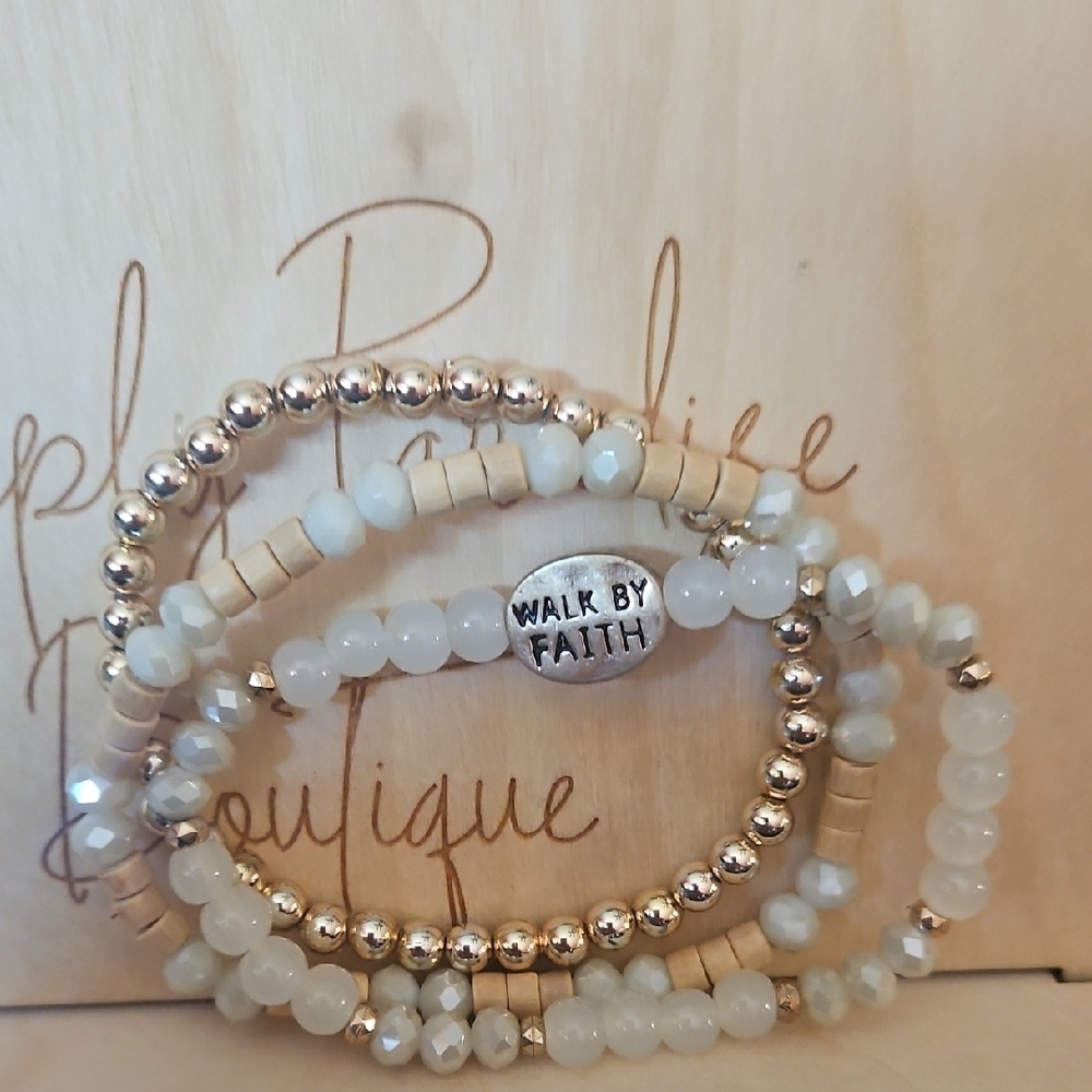 Walk by Faith Beaded Bracelet Set - Gold and Cream Stackable